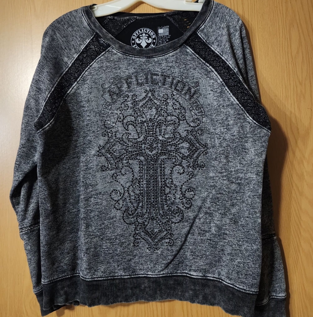 Affliction Charcoal Sweatshirt with Embellished Cross